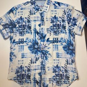 Robert Graham Blue and White Floral Short-Sleeve Button-Down